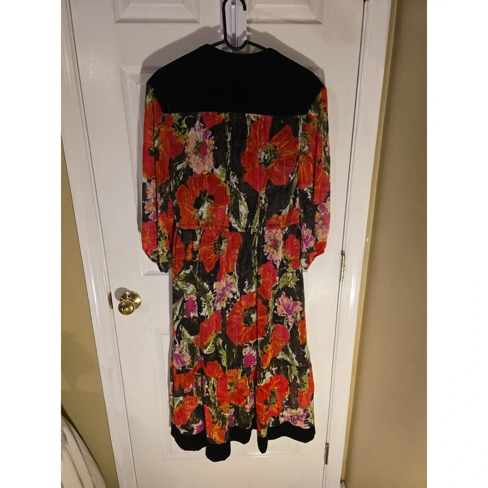 Modern Kaari Blue Poppy Floral Midi Dress Velvet Trim Boho Romantic Maximalist L